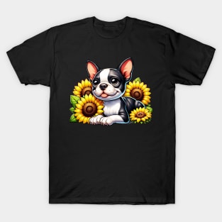 Boston Terrier And Sunflowers T-Shirt